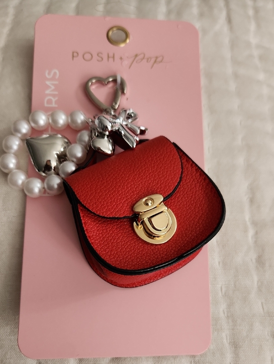 posh + pop Accessories - Red Mini Saddle Bag Charm Keychain w Gold Hardware, Pearls, & Silver Charms NWT
